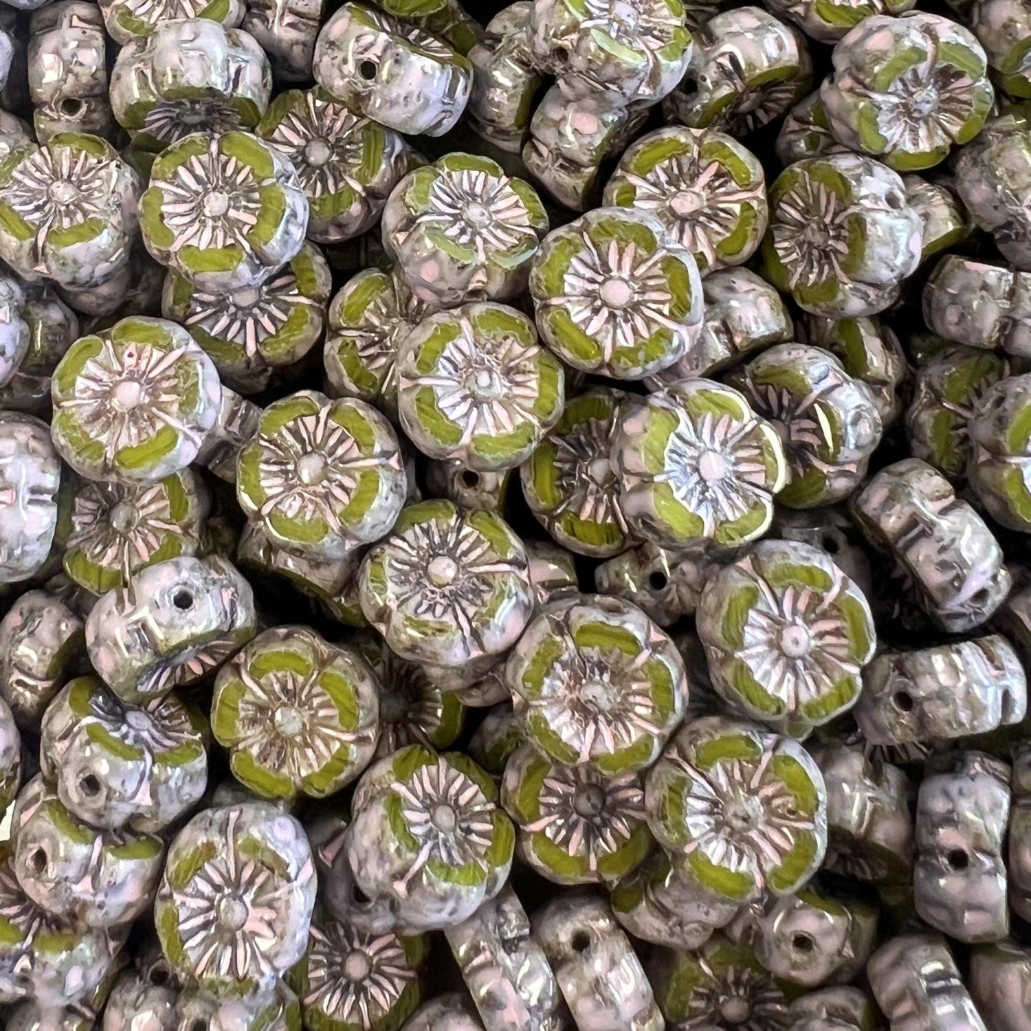Avocado With Lavender Picasso 9MM Table Cut Flower Bead