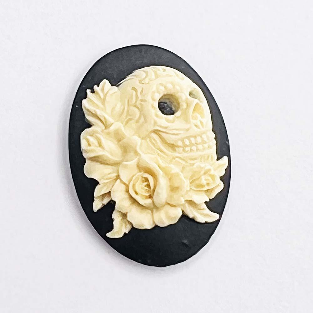 Black With Ivory 25x18MM Skull With Rose Detail Cameo