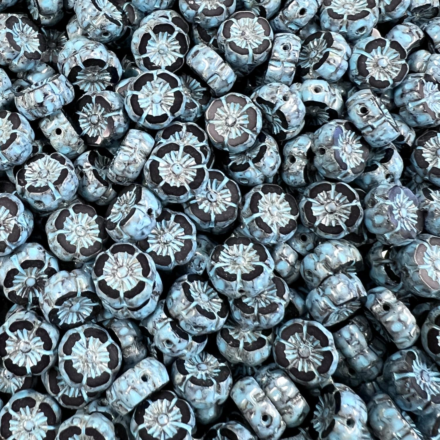Jet With Blue Turquoise Picasso 9MM Table Cut Flower Bead