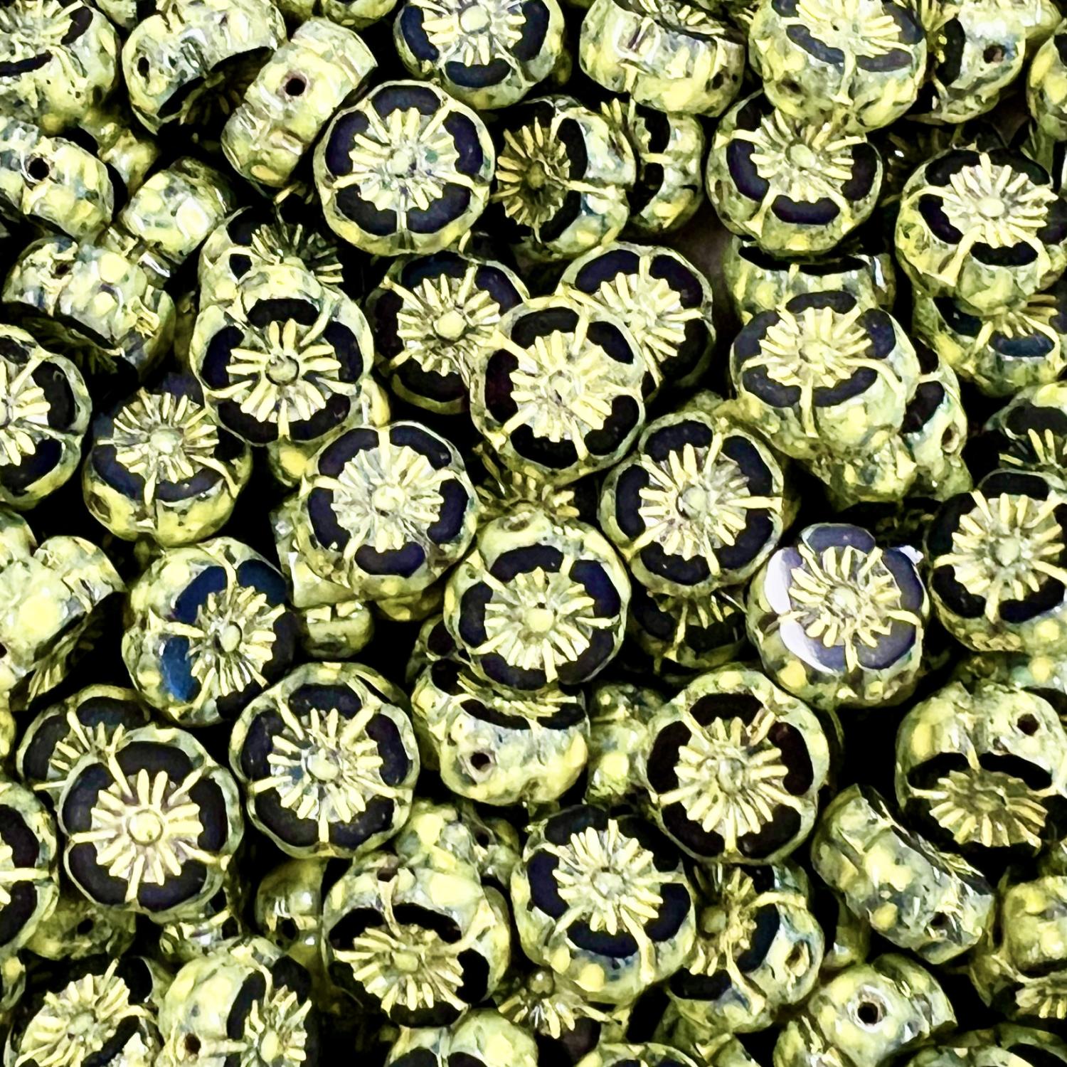 Jet With Yellow Picasso 9MM Table Cut Flower Bead