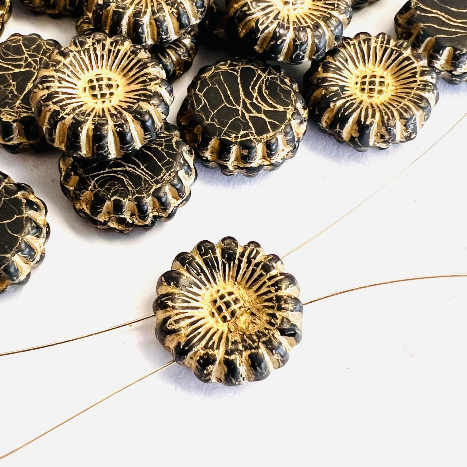Jet with Gold Detail 12MM 2 Hole Sun Flower Spacer