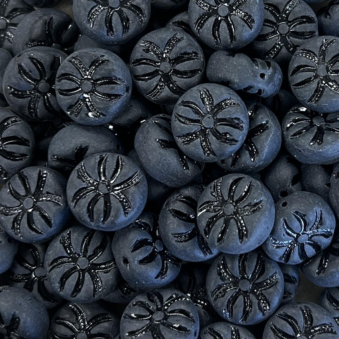 Matte Jet 13MM Coind Bead With Shiny Jet Spider Detail