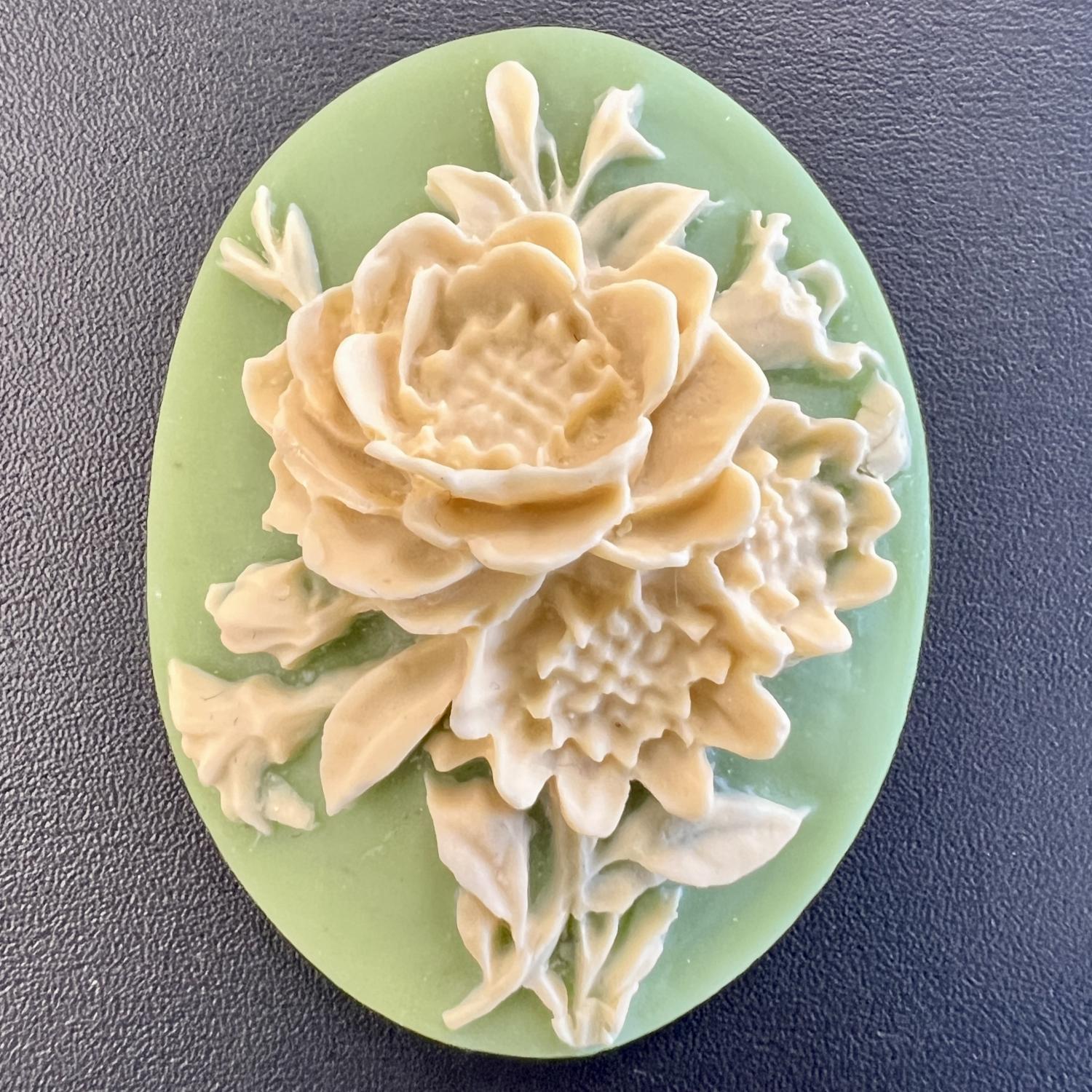 Olive With Ivory Flowers 40X30MM Cameo