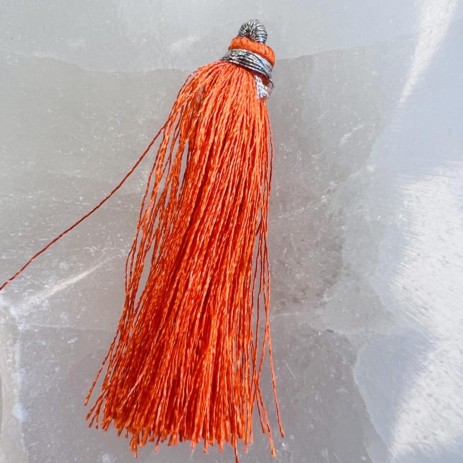 Orange 2 1/8 Inch Silk Tassel With Silver Thread Detail