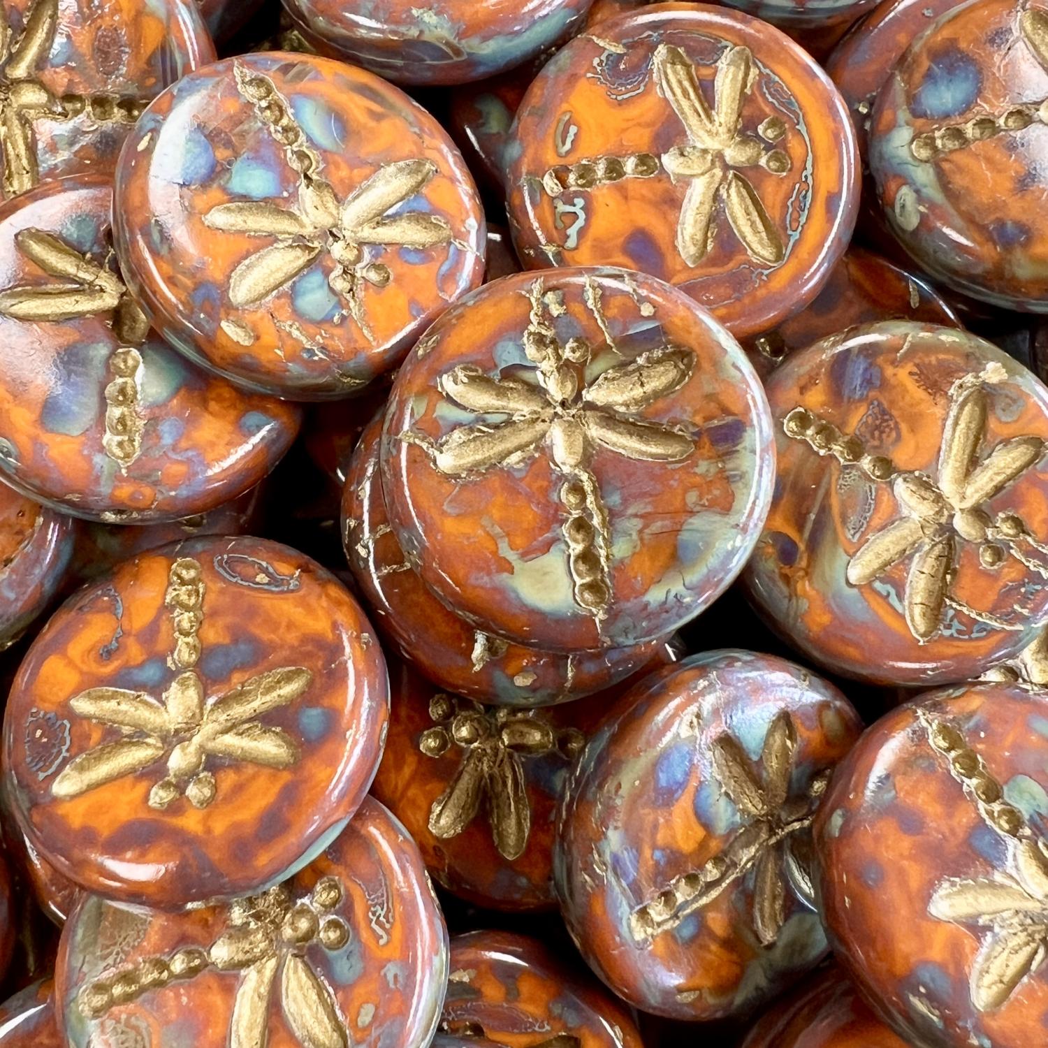 Ornage Picasso With Gold Dragonfly 12MM Coin Bead