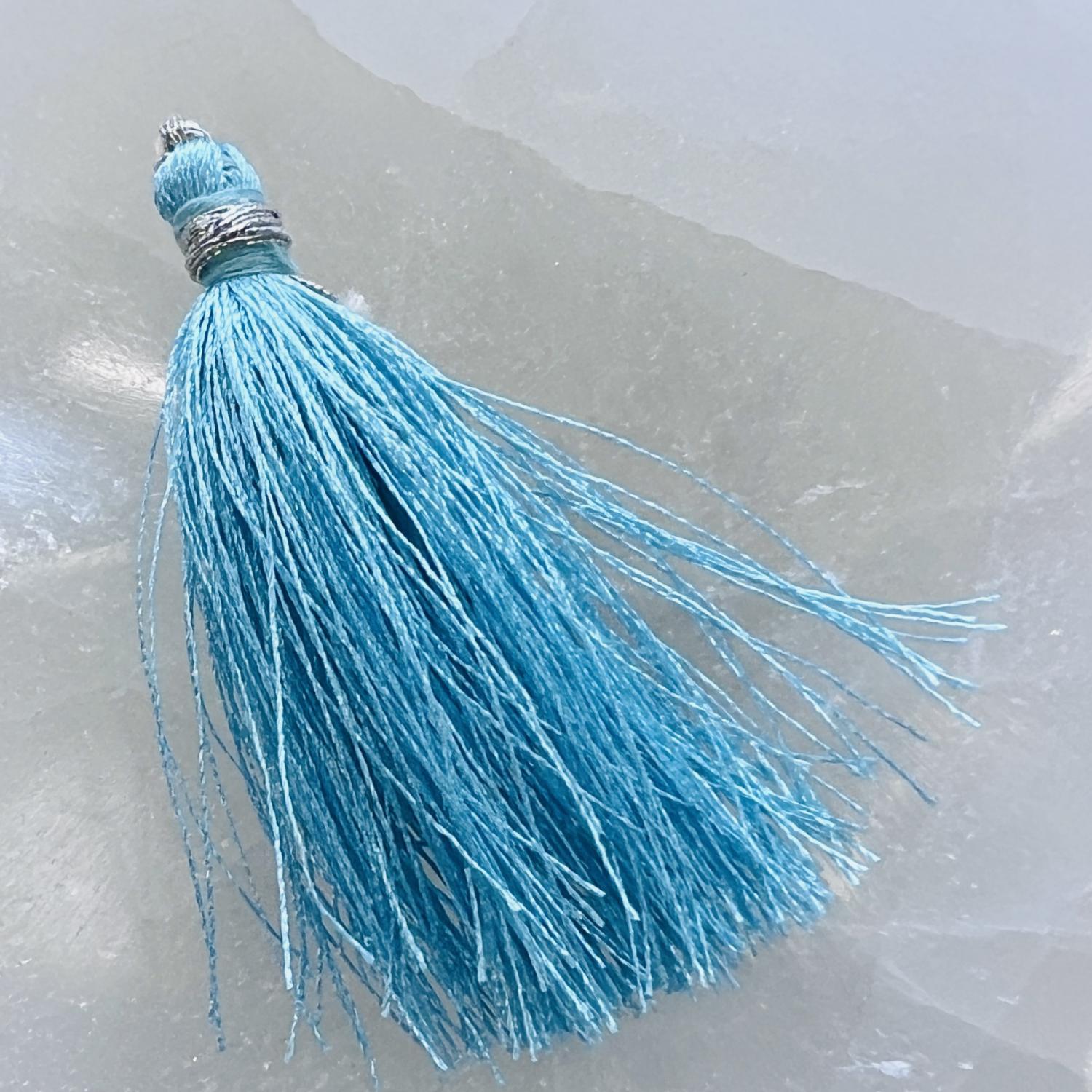 Turquoise 2 1/8 Inch Silk Tassel With Silver Thread Detail