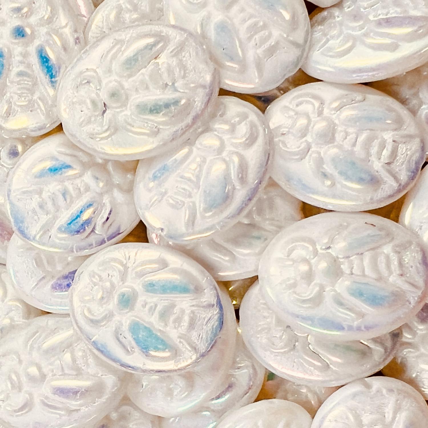 White AB Oval Bead With Bee Detail 22x18MM