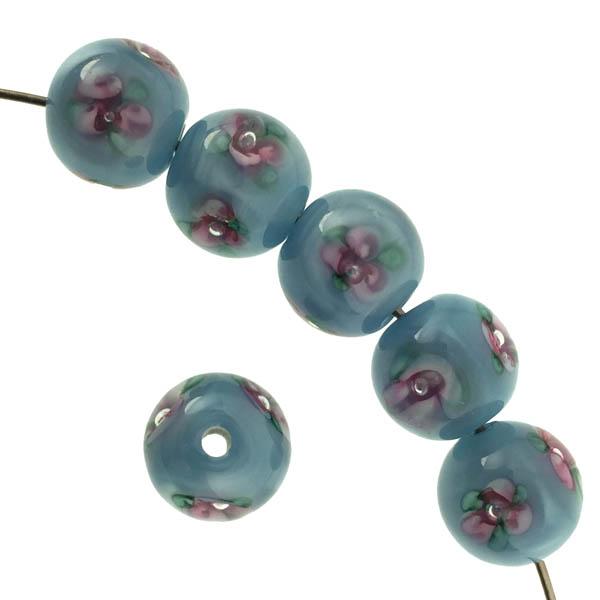 10MM Aqua With Pink Floating Rose Handmade Lamwork Ball