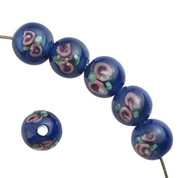 10MM Dark Blue With Pink Floating Rose Handmade Lampwork Ball