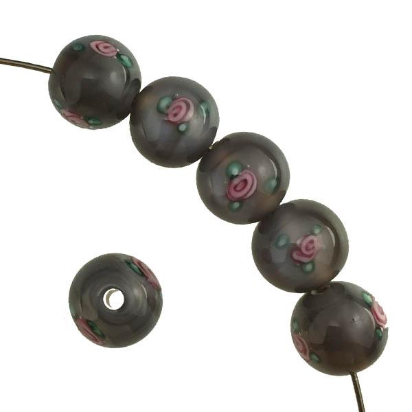 10MM Gray With Pink Floating Rose Handmade Lampwork Ball