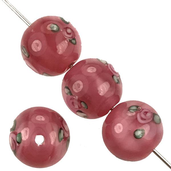 10MM Pink With Pink Floating Rose Handmade Lampwork Ball