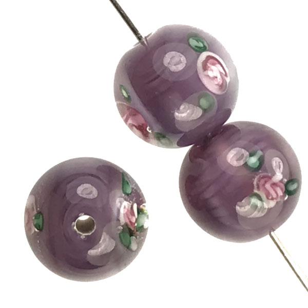 10MM Purple With Pink Floating Rose Handmade Lampwork Ball
