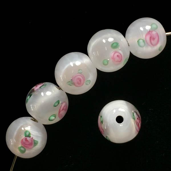 10MM White With Pink Floating Rose Handmade Lampwork Ball