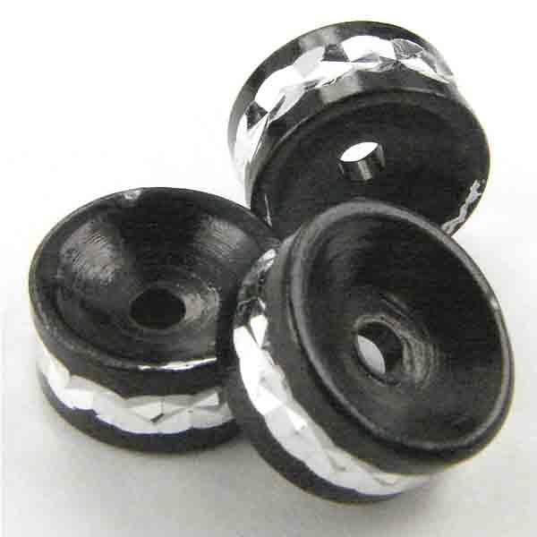 10X6MM Black Rondelle With Silver Diamond Cut Strip