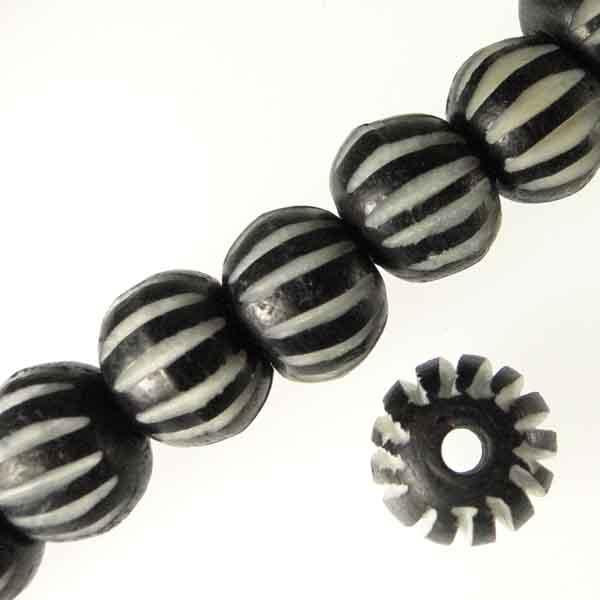10X8MM Black Dyed Bone Ball with White Grooves