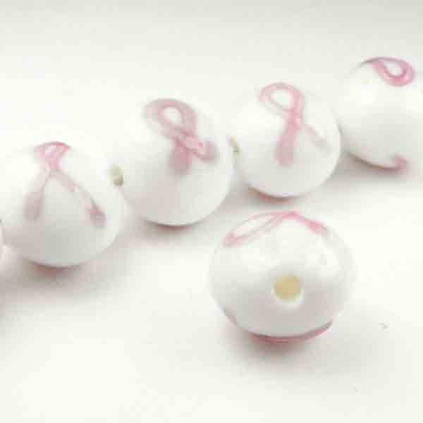 11MM White Lampwork Ball With Vertical Pink Breast Cancer Awareness Ribbon