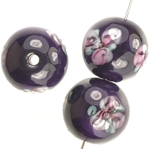 12MM Purple With Pink Floating Rose Handmade Lampwork Ball
