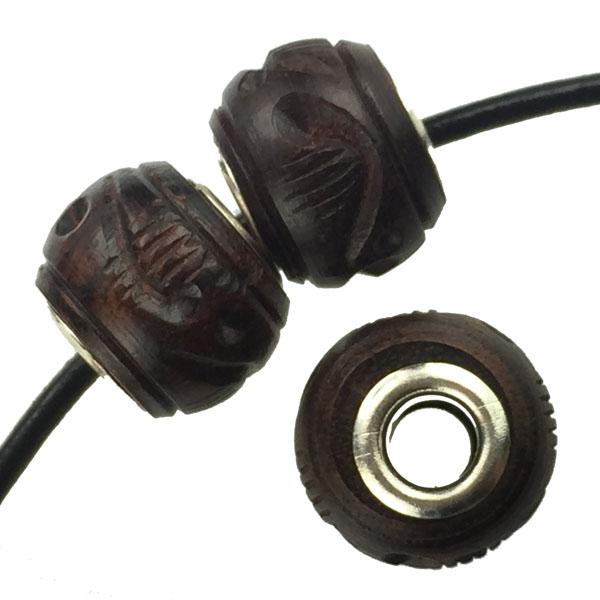 12x15MM Carved Wood Ball With Silver Aluminum 5MM Large Hole