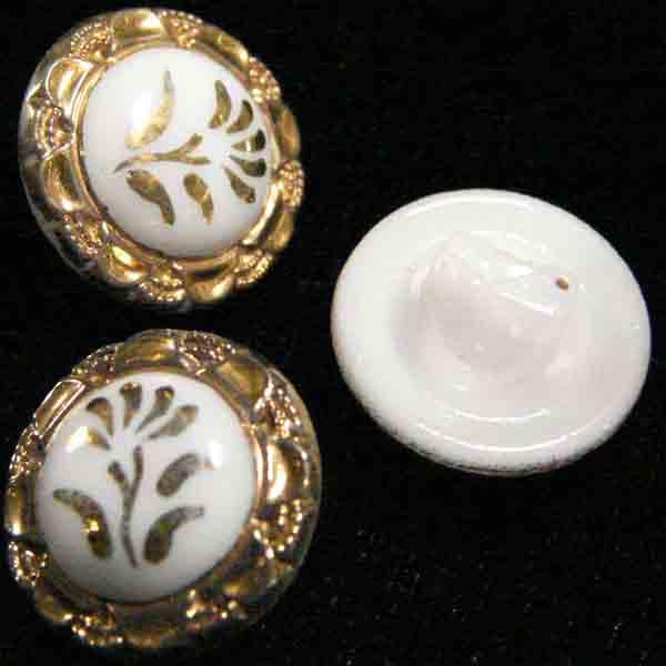 13mm White Glass Button has Gold Flowers