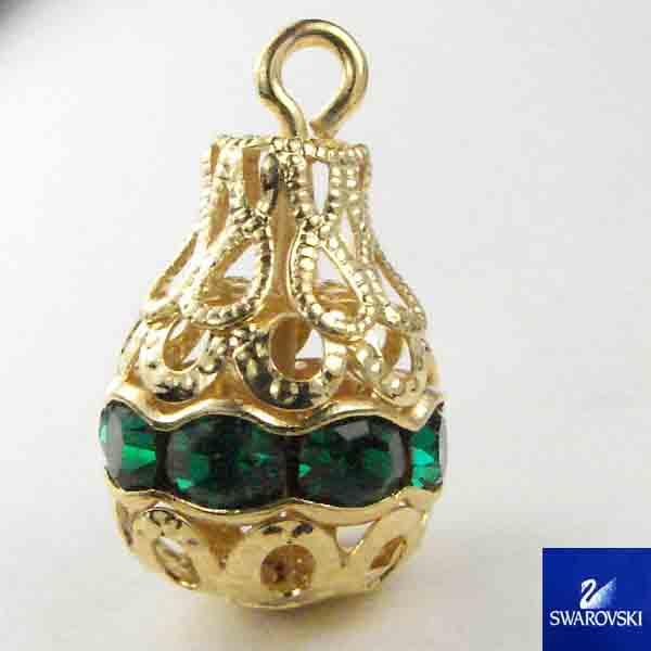 14X10MM Gold Plate Filigree Tear With Emerald Swarovski Rhinestones