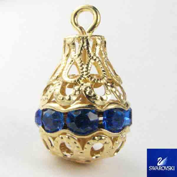 14X10MM Gold Plate Filigree Tear With Sapphire Swarovski Rhinestones