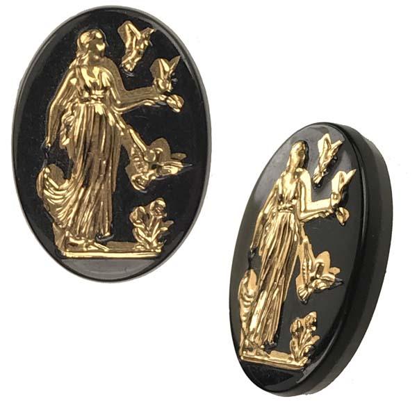 18X13MM Jet with Gold Figure and Birds Scene