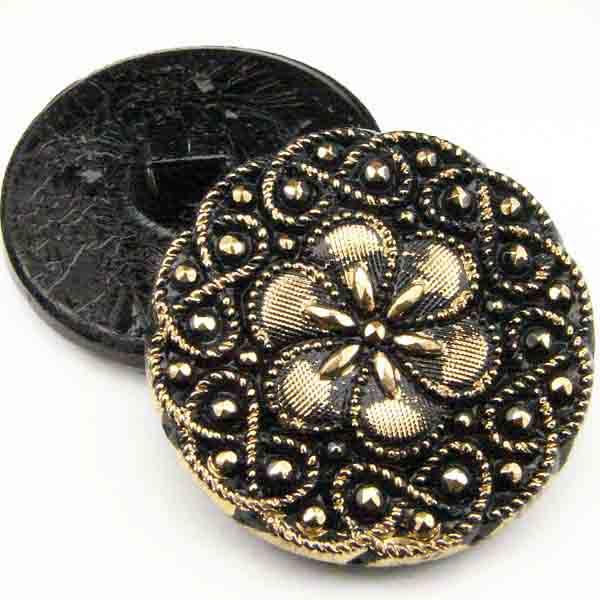 22MM Jet Glass Button Has Raised Gold Texture