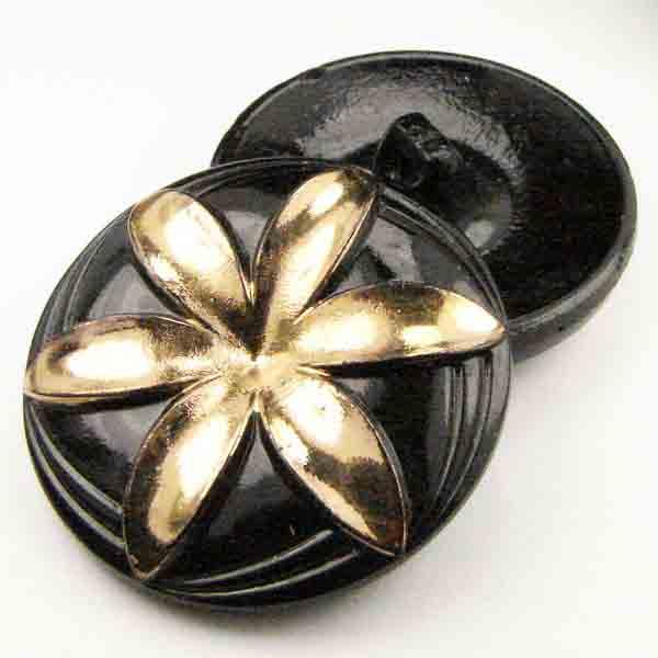 27MM Black Glass Button with Raised Gold Floral Detail