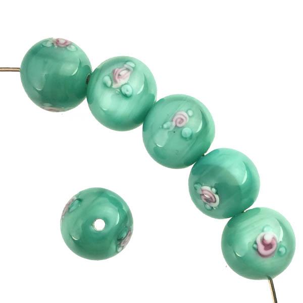 6MM Green With Pink Floating Rose Handmade Lampwork Ball
