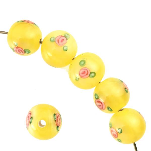 6MM Lemon With Pink Floating Rose Handmade Lampwork Ball