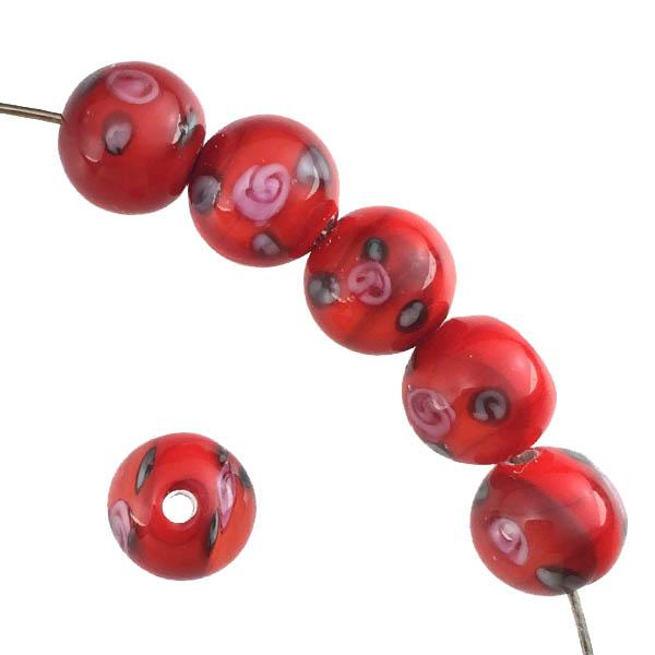 6MM Red With Pink Floating Rose Handmade Lampwork Ball