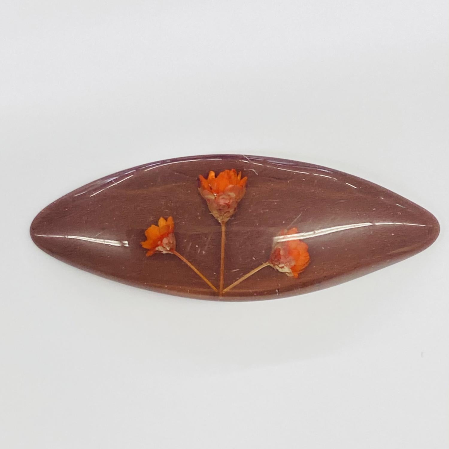 72x25x10MM Brown Vintage Lucite Cabochon With Orange Floral Embedment