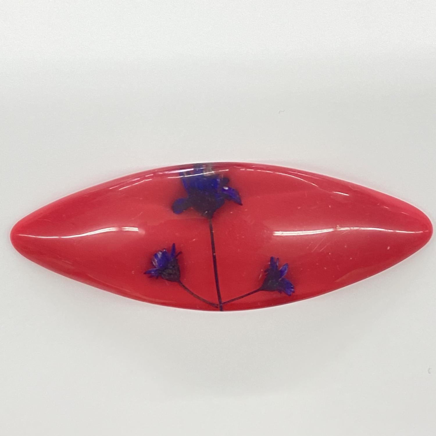 72x25x10MM Red Vintage Lucite Cabochon With Blue and Black Floral Embedment