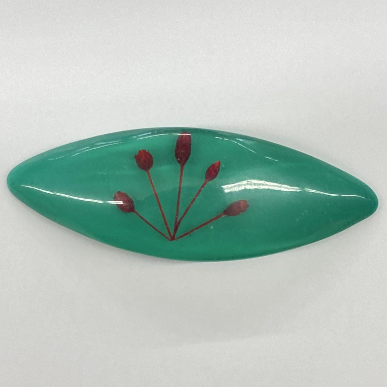 72x25x10MM Teal Vintage Lucite Cabochon With Magenta Floral Embedment