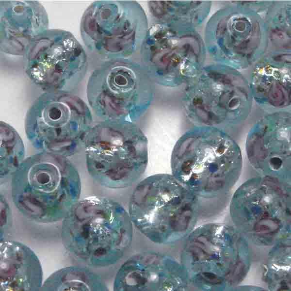 8MM Aqua Silver Foil Lined Ball With Rose Inlay And Confeti Detail