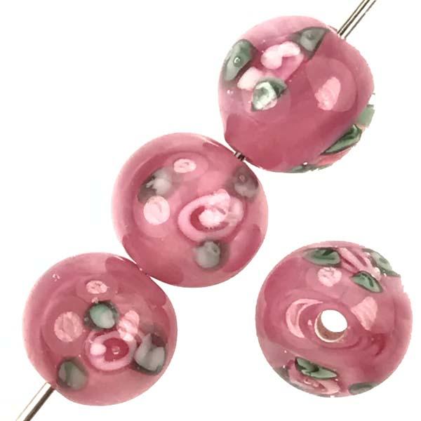 8MM Pink With Pink Floating Rose Handmade Lampwork Ball