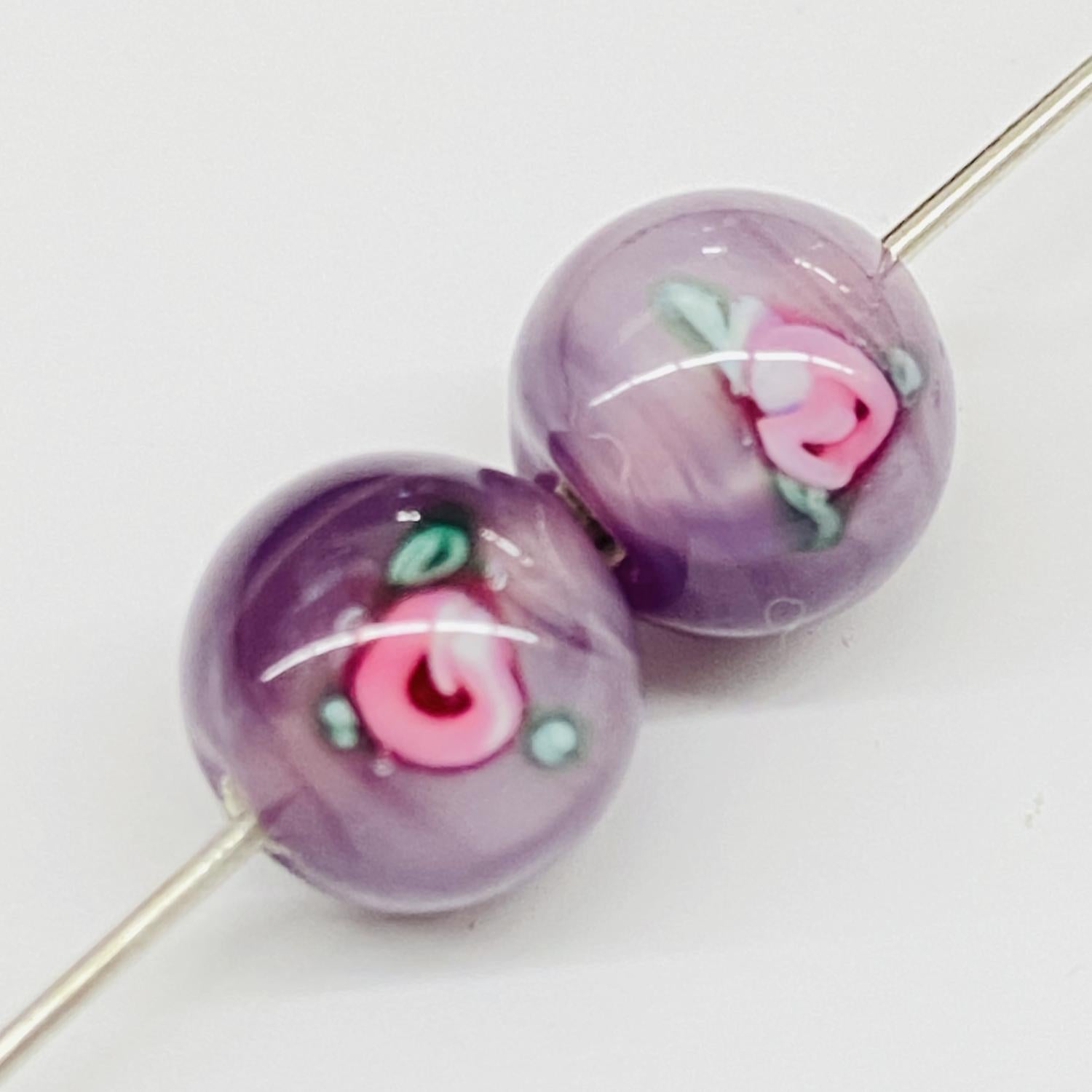 8MM Purple With Pink Floating Rose Handmade Lampwork Ball