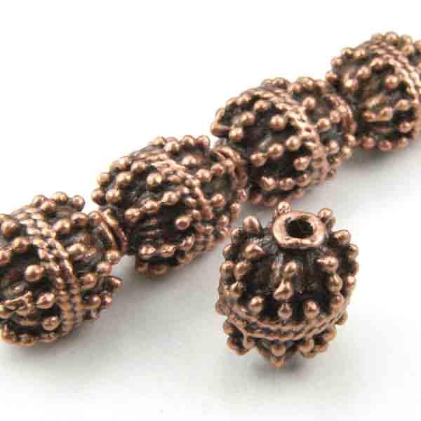 Antique Copper Plate 11X10MM Cast Barrel with Fancy Knob Texture Bead