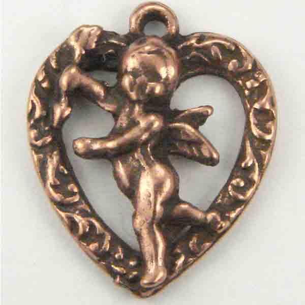 Antique Copper Plate 13MM Left Facing Cherub in Detailed Heart