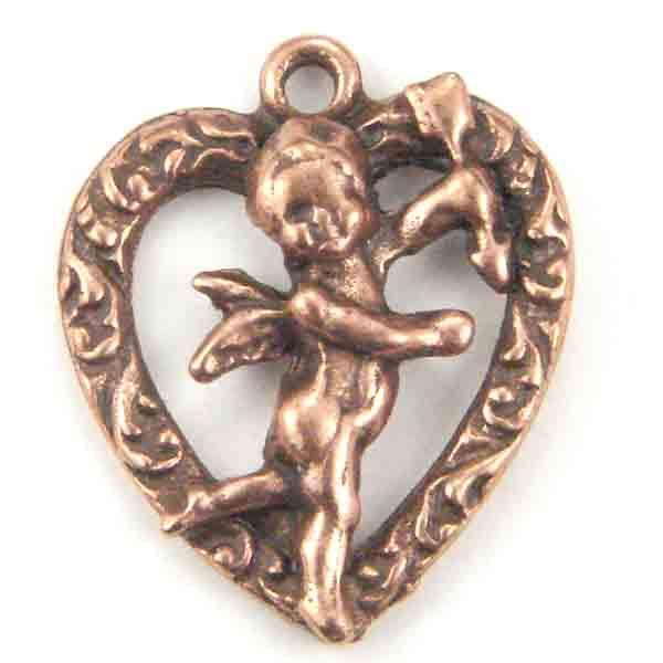 Antique Copper Plate 13MM Right Facing Cherub in Detailed Heart