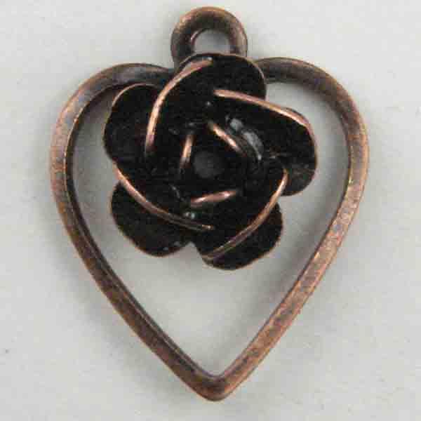 Antique Copper Plate 14x12MM Thin Rimmed Heart Stamping With Rose