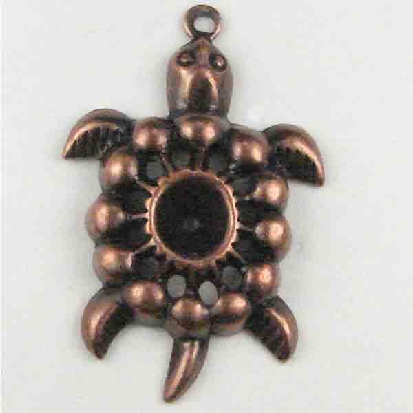 Antique Copper Plate 24x18MM Turtle with Rhinestone Setting in Center