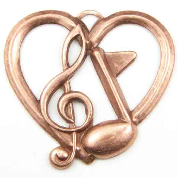 Antique Copper Plate 25MM Heart with Treble Clef & Eighth Note