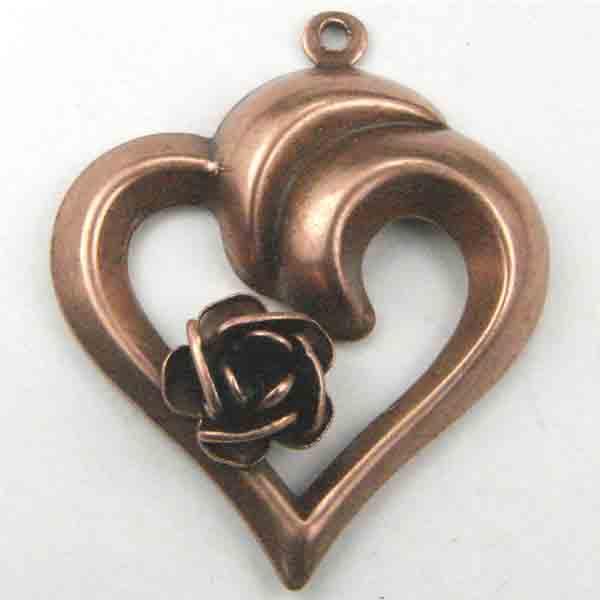 Antique Copper Plate 27x22MM Swirled Hear With Rose