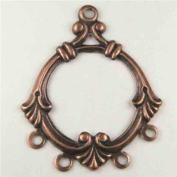 Antique Copper Plate 39x24MM Round Ornate 1 to 4 Loop Chandelier Connector