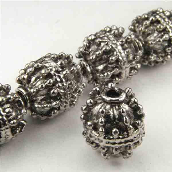 Antique Silver 11X10MM Cast Barrel with Fancy Knob Texture Bead