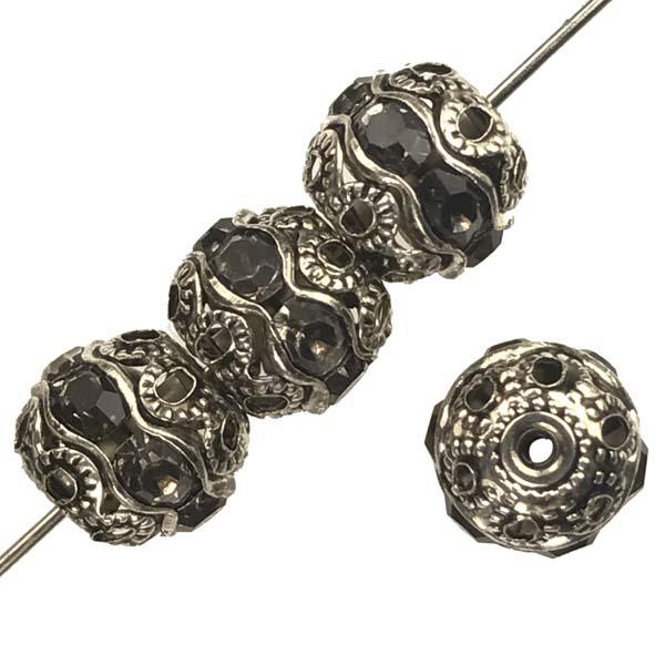 Antique Silver 9MM Filigree Ball with Black Diamond Rhinestone Band