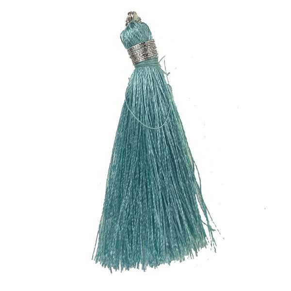 Aqua 2 1/8 Inch Silk Tassel With Silver Thread Detail