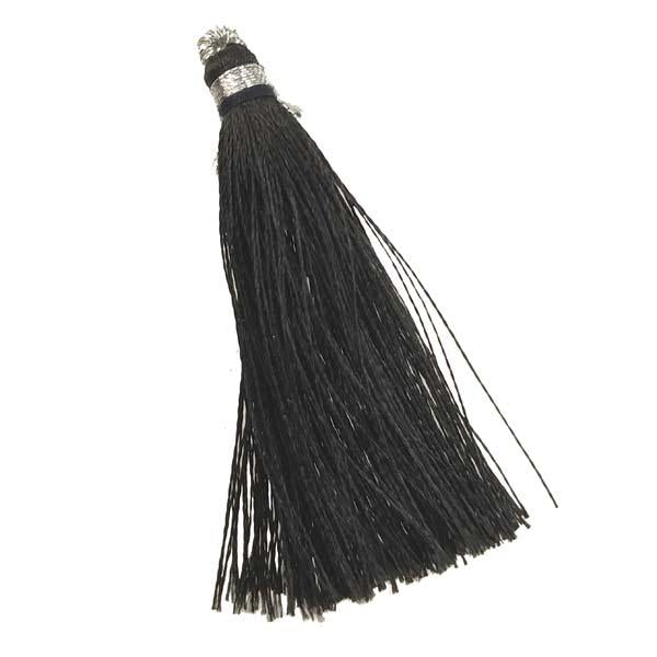 Black 2 1/8 Inch Silk Tassel With Silver Thread Detail