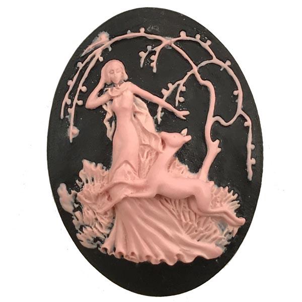 Black With Pink Art Deco Girl 40X30MM Cameo